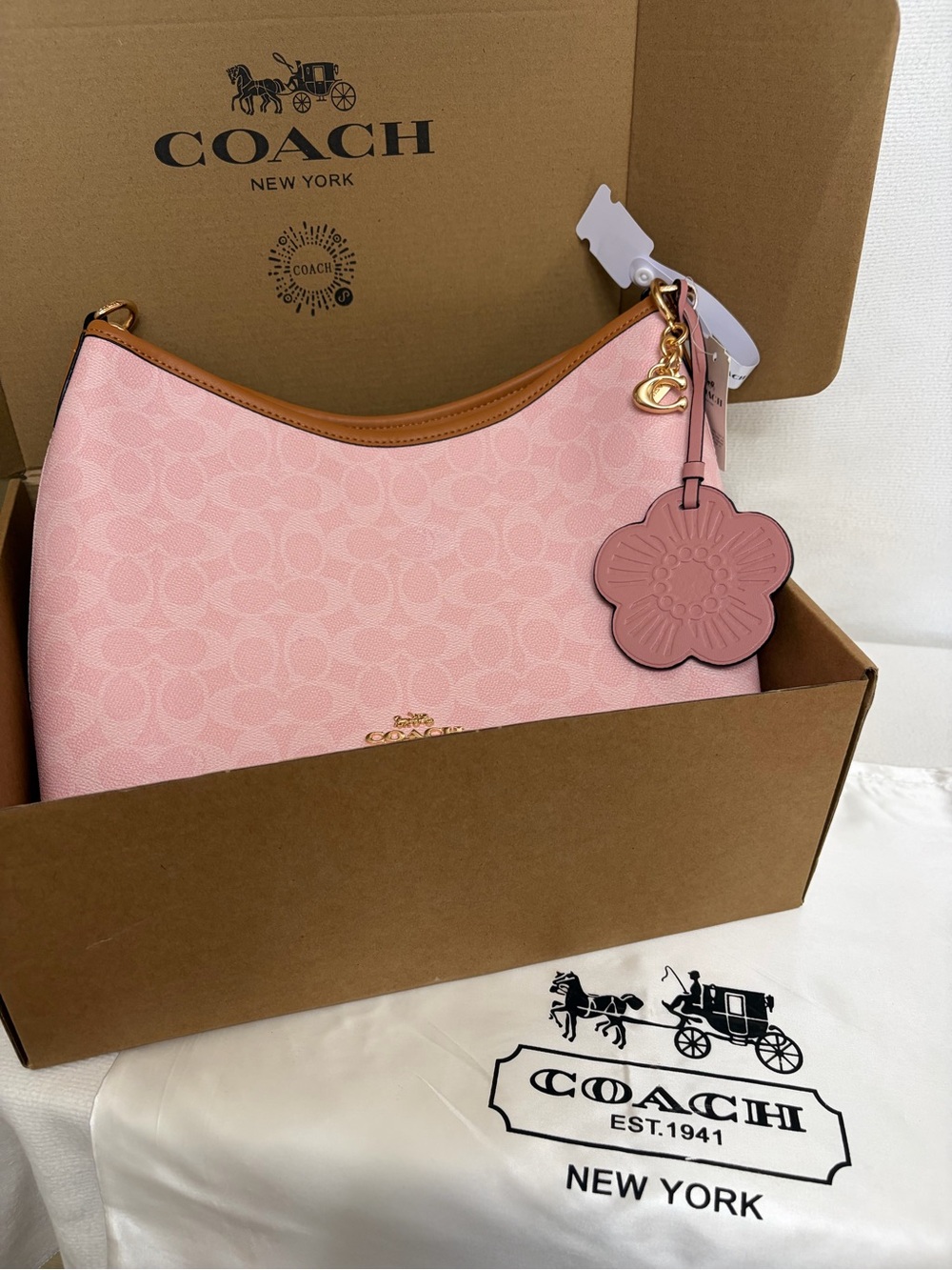 Coach Laurel Shoulder Pink Signature Crossbody with Floral Charm and Tan Trim